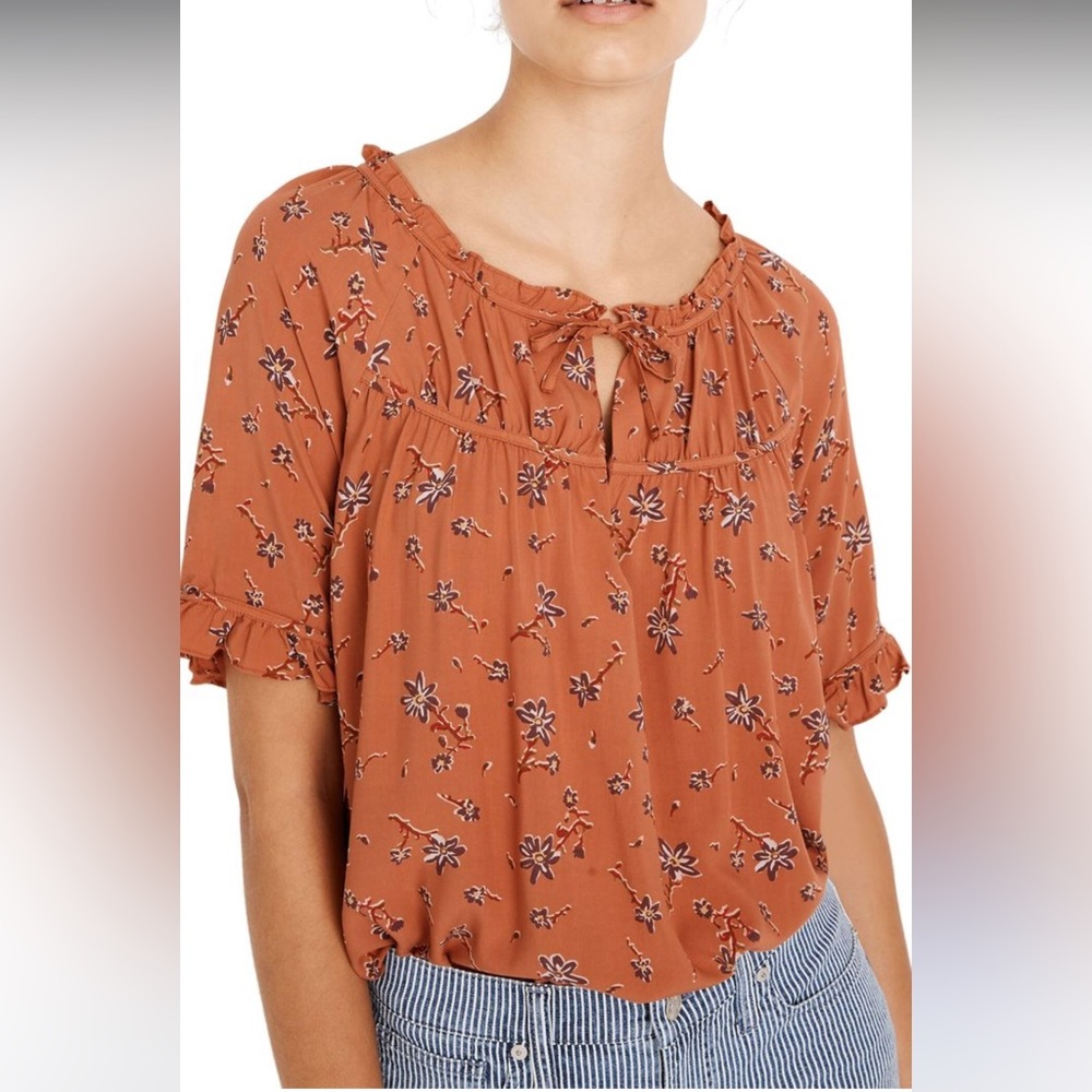 Madewell Tie Neck Orange Floral Peasant Top